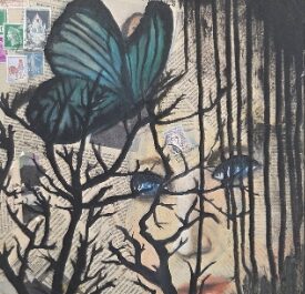 Mixed media with a blue butterfly and branches