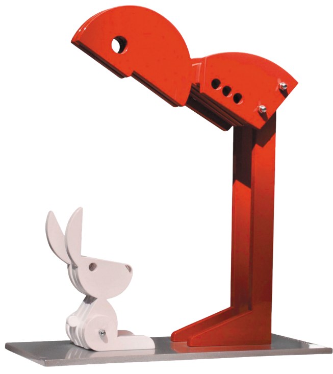 Hi Bunny, sculpture by Jorge Blanco: a tall red figure leaning down to a white bunny